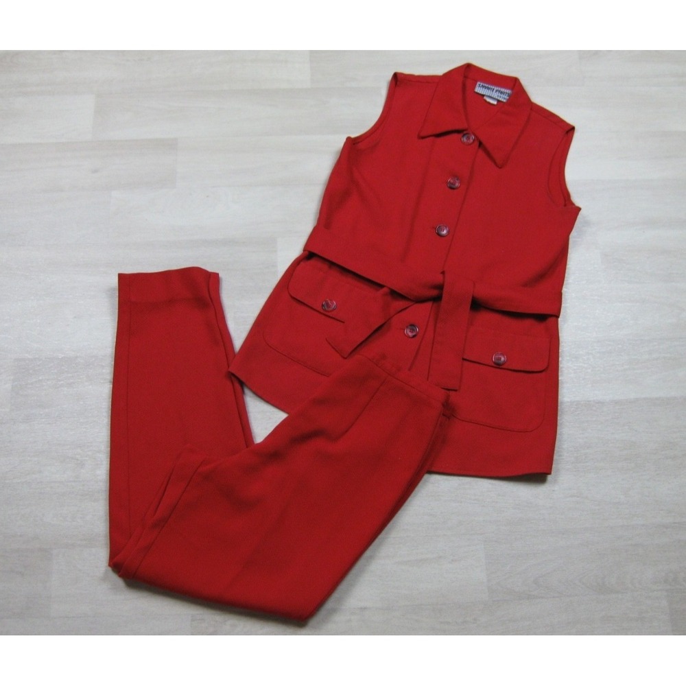Vintage 60s Smart Parts MOD 2 Piece Set (Small) Textured Pants Tunic Blouse Red